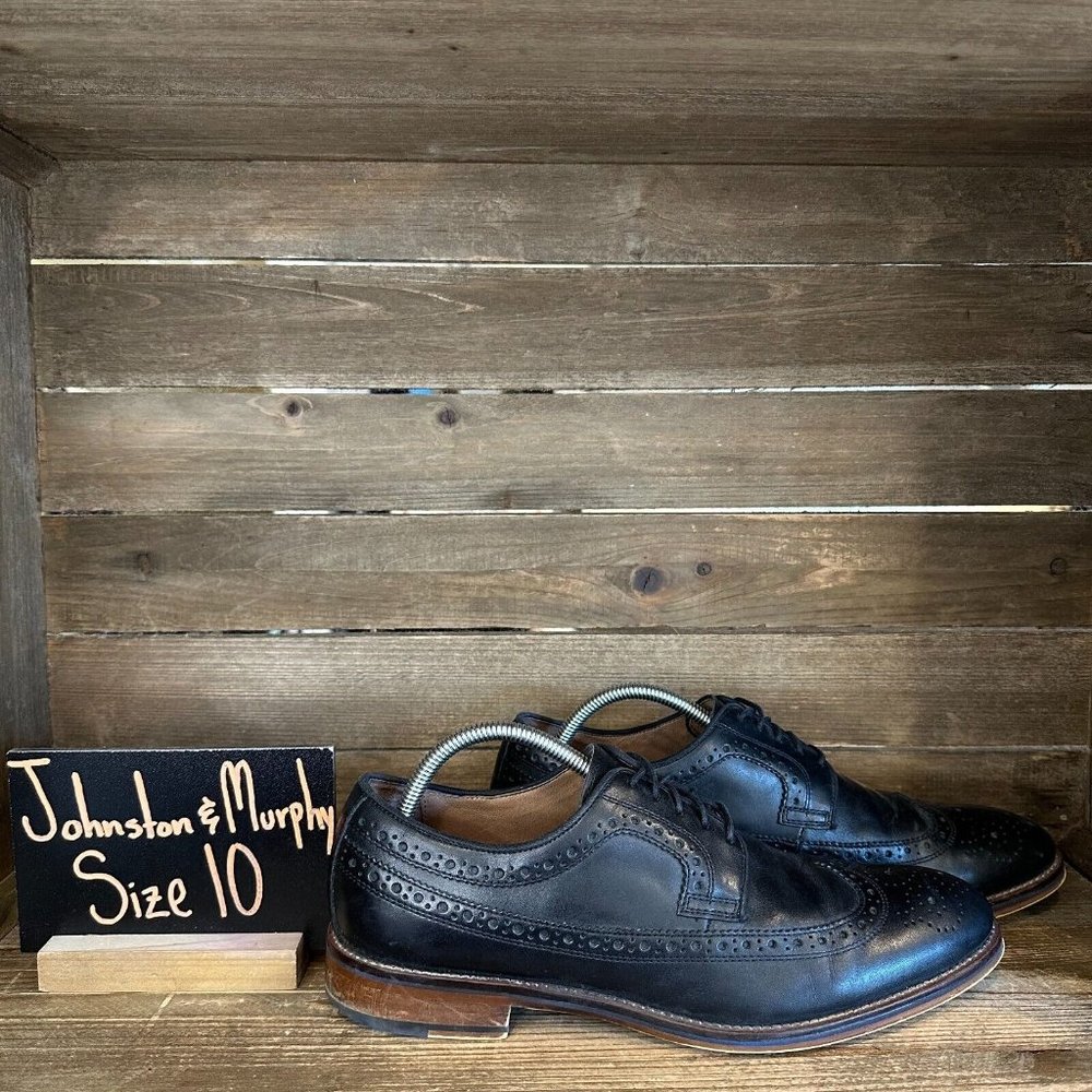 Mens Johnston &‎ Murphy Black Leather Wingtip Brogue Lace Up Oxfords Size 10 M
